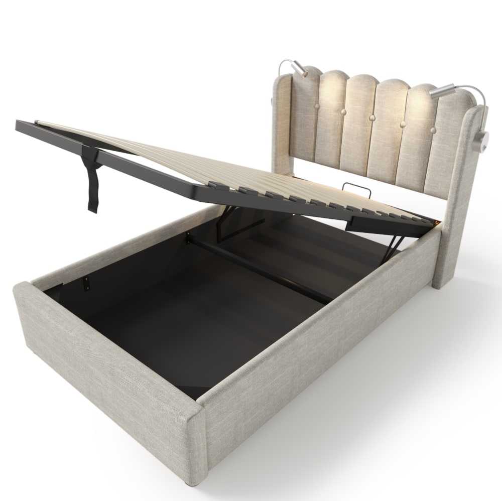 Lit avec coffre en lin naturel et liseuse usb 90 x 200 cm