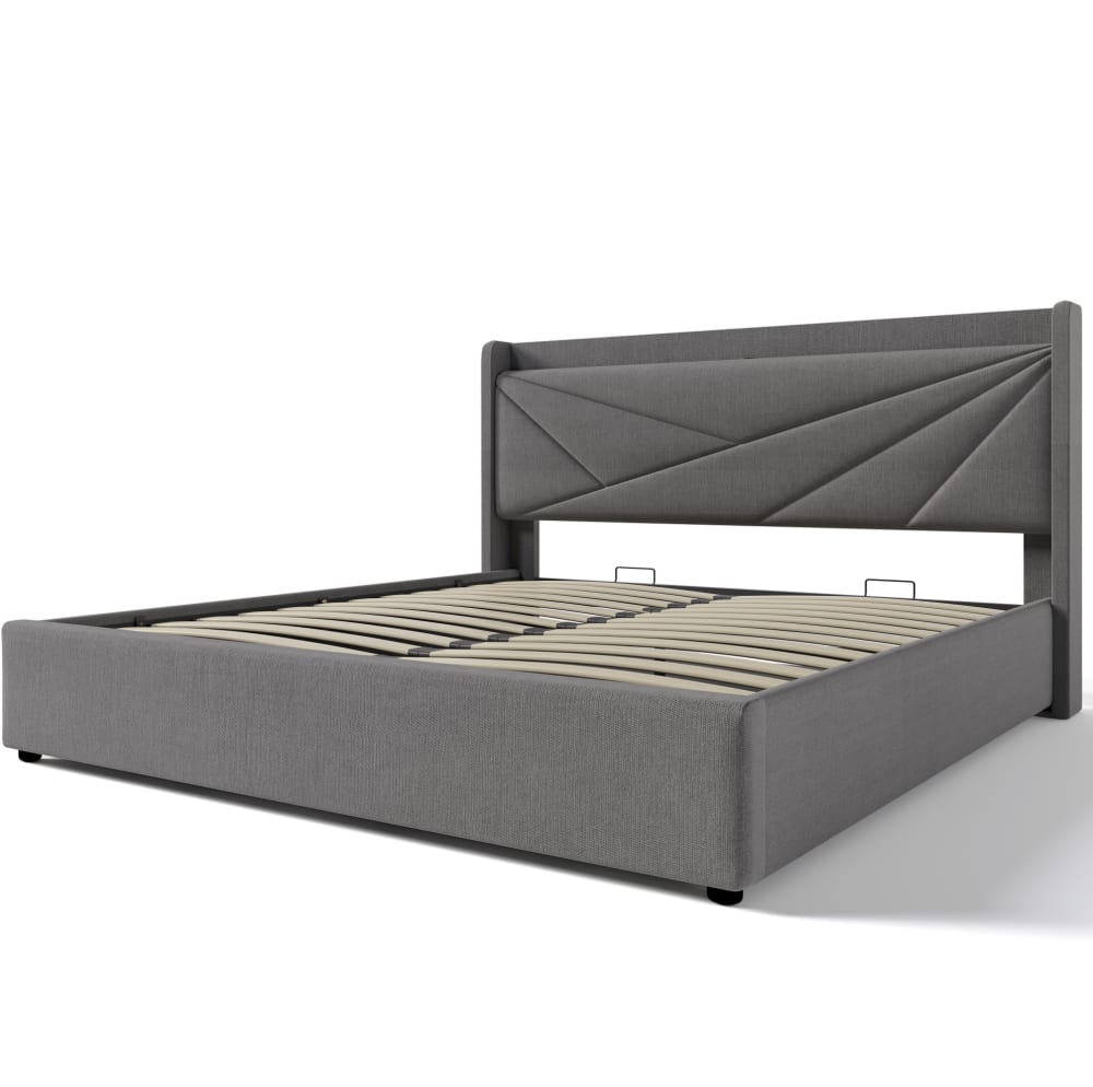 Lit coffre double en coton et lin gris 180 x 200 cm