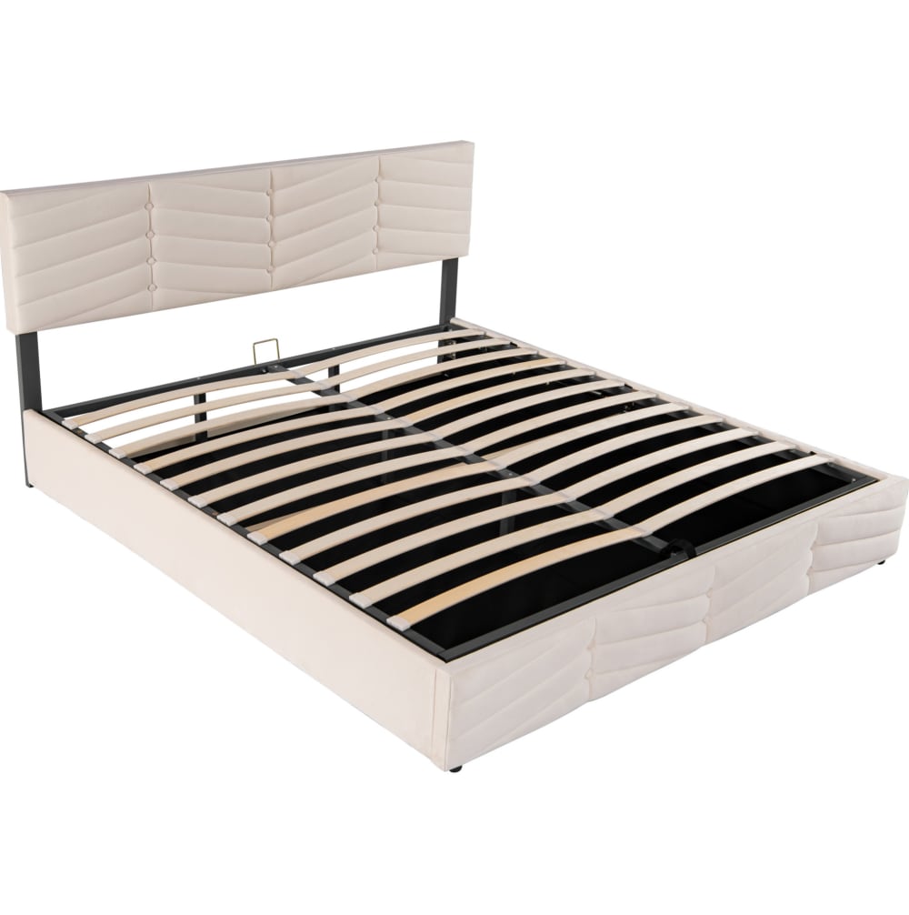 Lit coffre en velours polyester  beige 180 x 200 cm