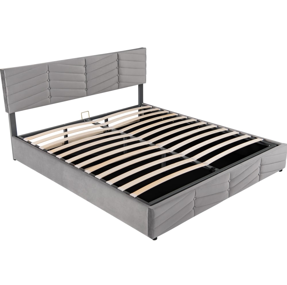 Lit coffre en velours polyester gris 180 x 200 cm