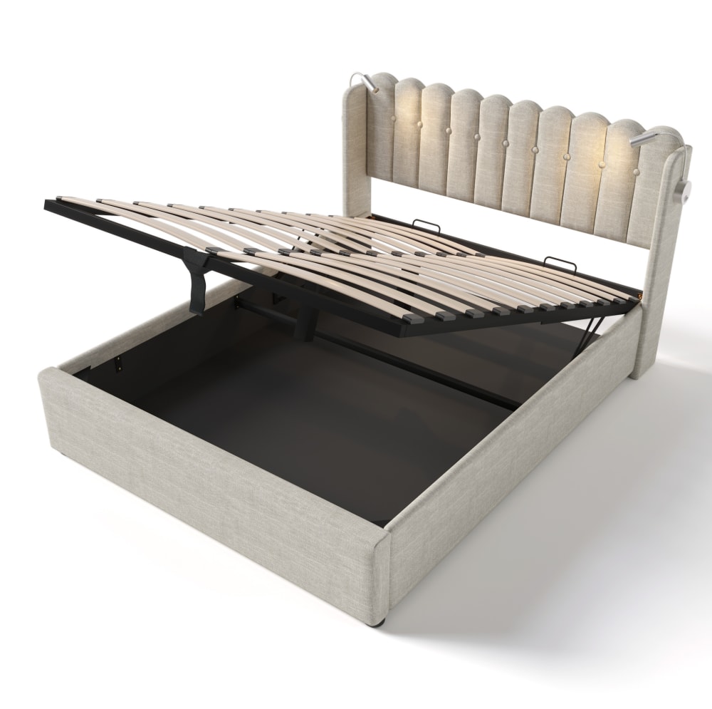 Lit coffre en lin naturel 140 x 200 cm avec liseuse et usb