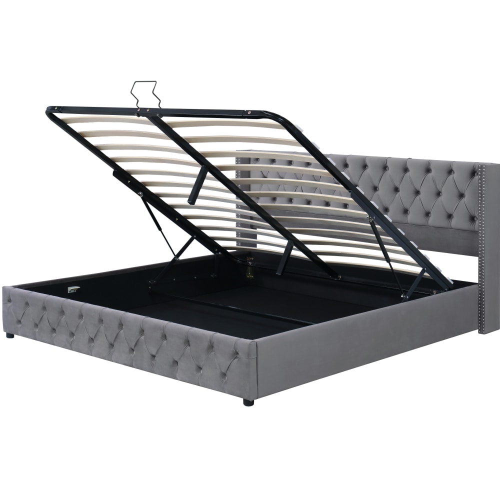Lit coffre capitonné en velours polyester gris 160 x 200 cm