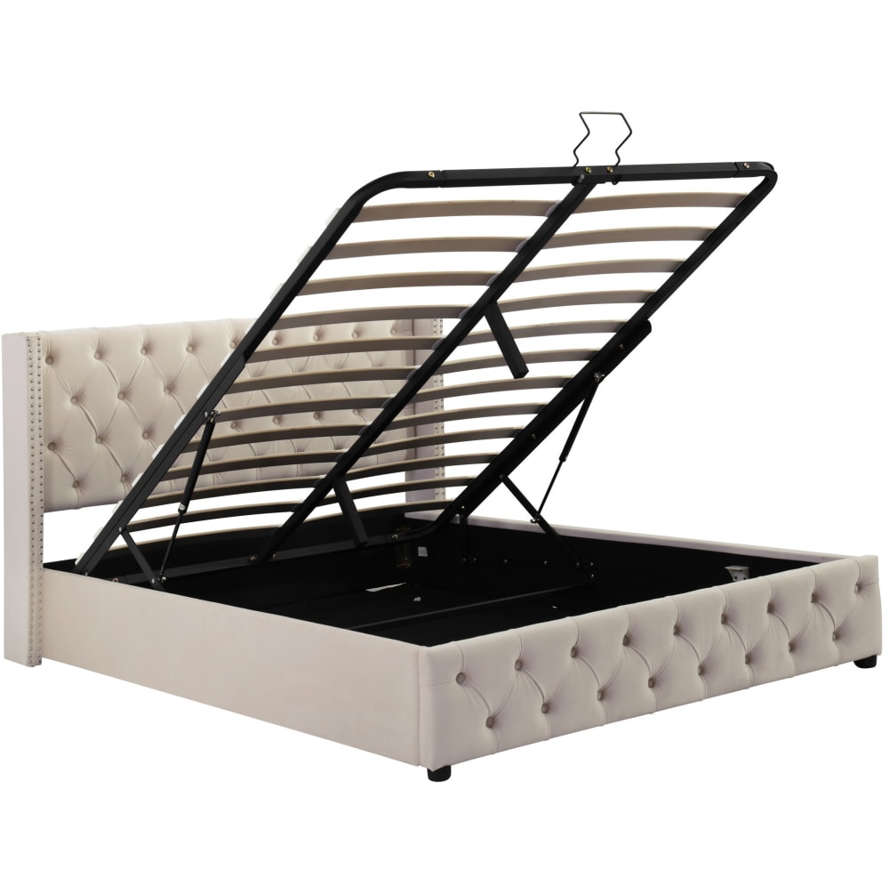 Lit coffre capitonné en velours polyester beige 140 x 190 cm