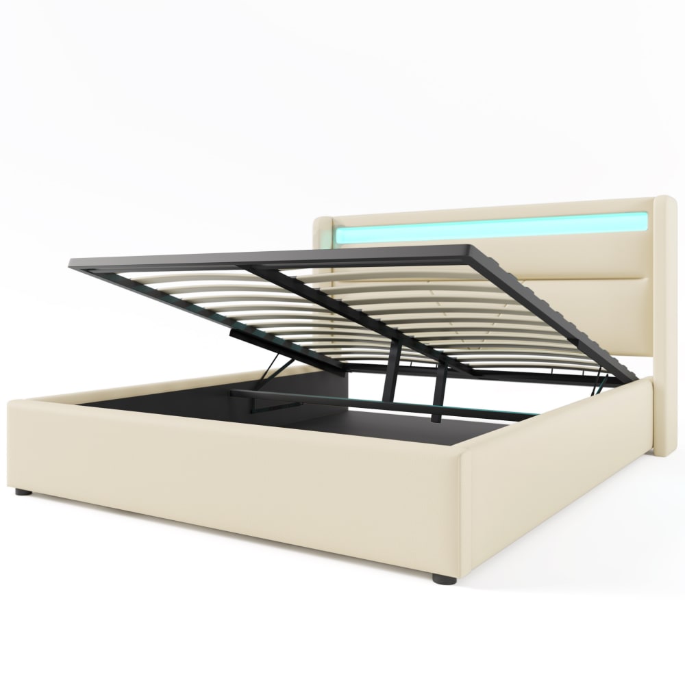 Lit coffre capitonné 140 x 200 cm en pu blanc avec led