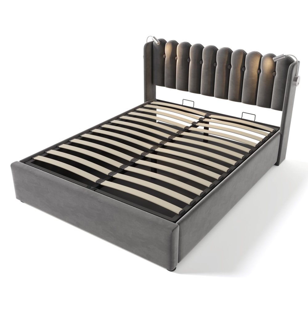 Lit en velours polyester gris 160 x 200 cm avec rangement et liseuse