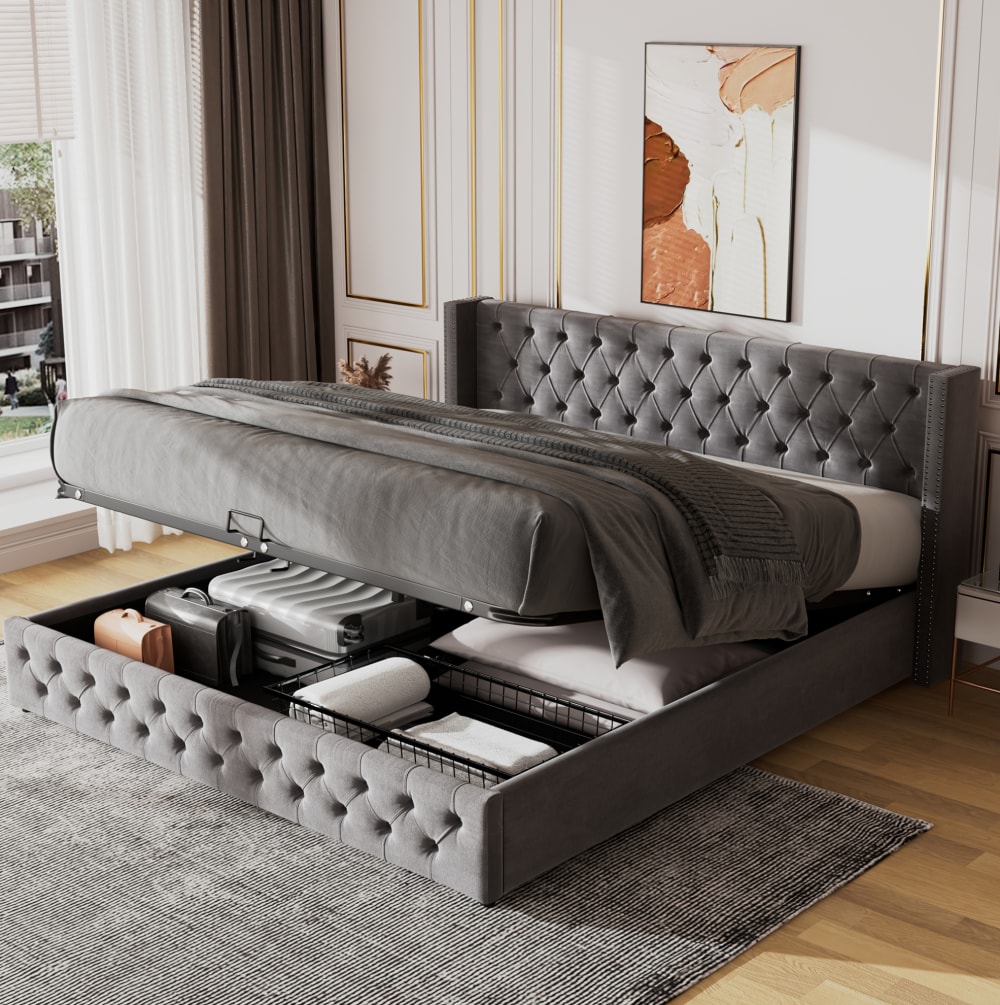 Lit coffre capitonné en velours polyester gris 180 x 200 cm