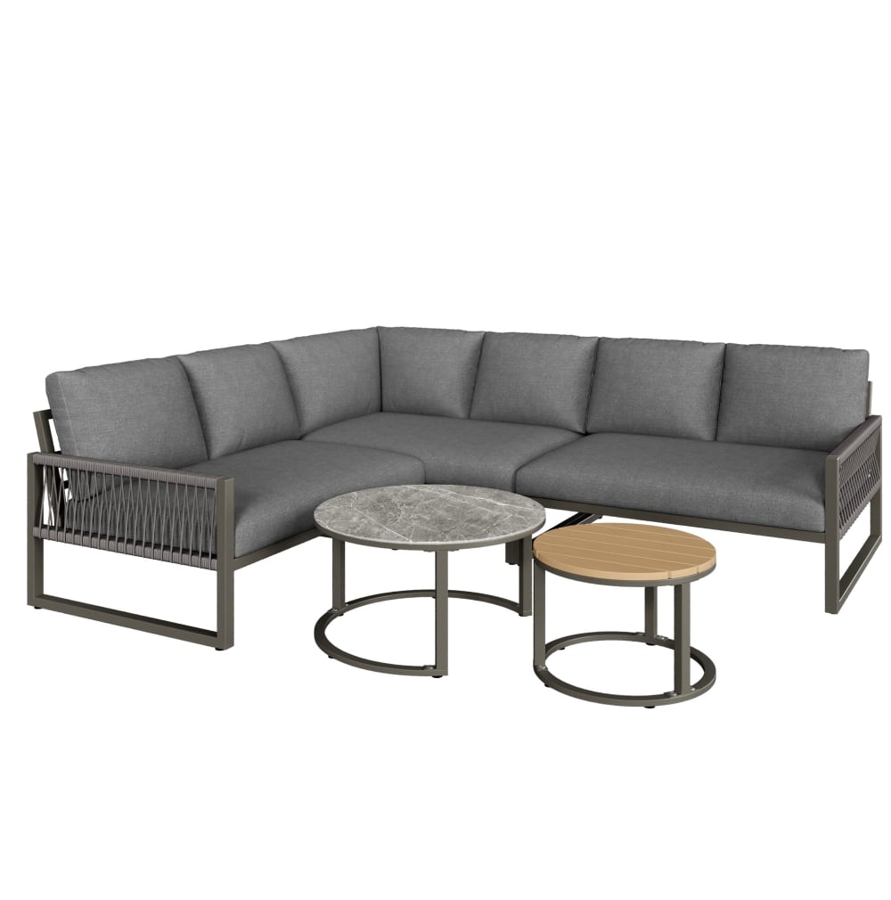 Salon de jardin d'angle gris avec 2 tables basses