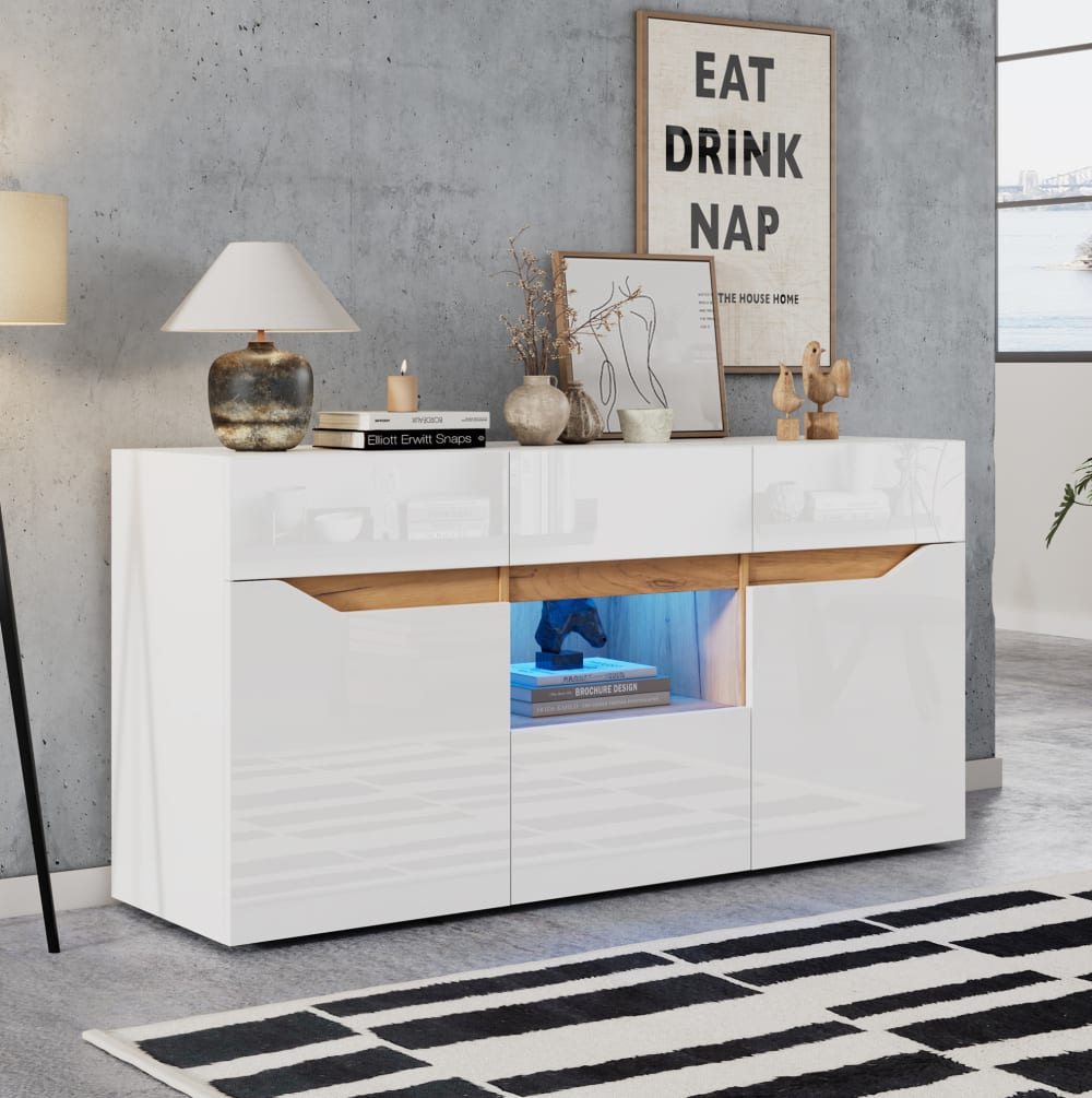 Sideboard aus Spanplatte weiß und Holzfarbe mit LED - Maisons Du