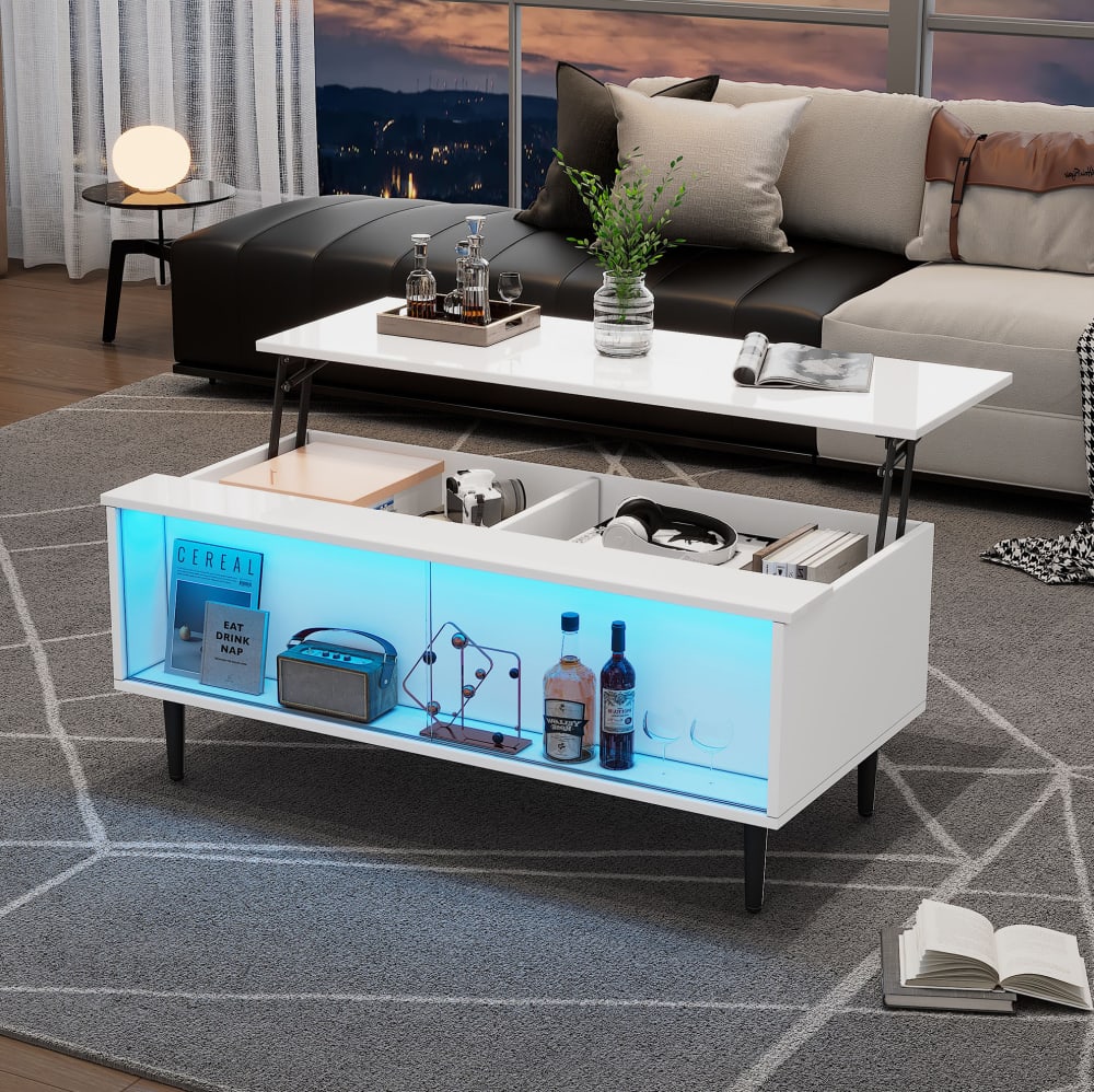 Höhenverstellbarer Couchtisch aus Spanplatte weiß mit LED -