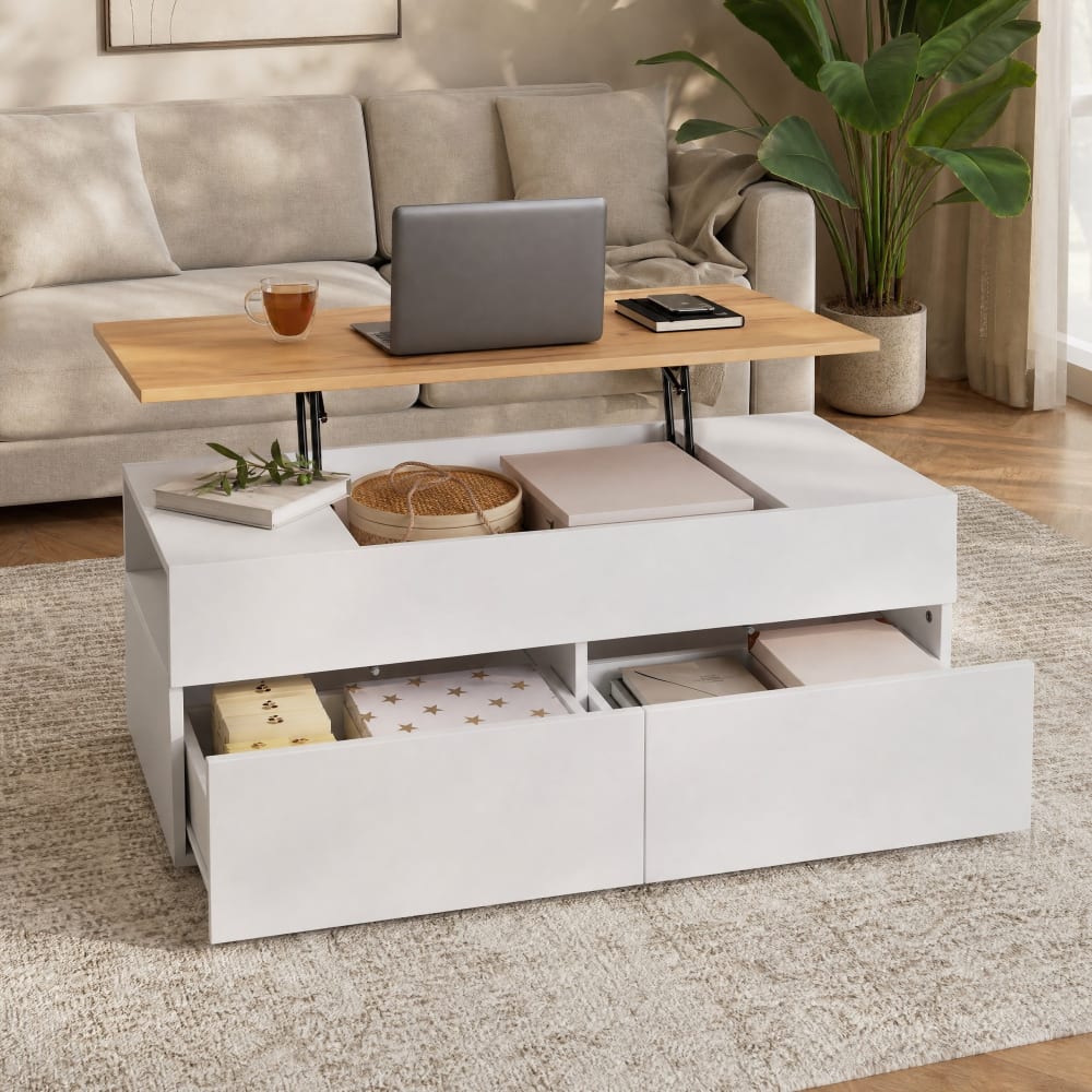 Couchtisch aus Spanplatte weiß mit Hebefunktion - Maisons Du
