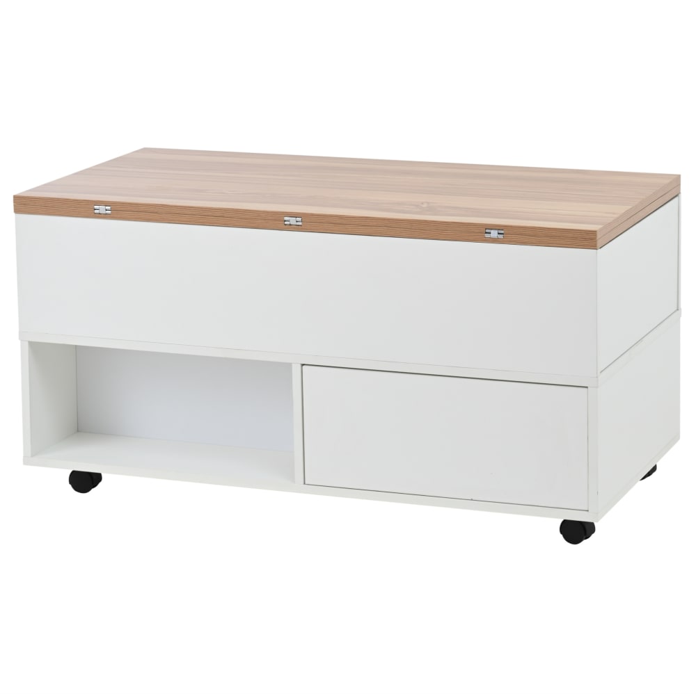 Table basse relevable blanc et aspect bois