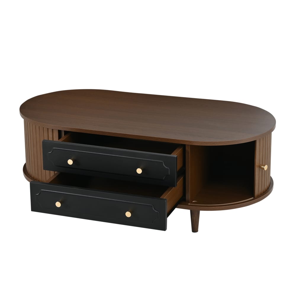 Table basse en panneau de particules couleur noyer avec 2 tiroirs