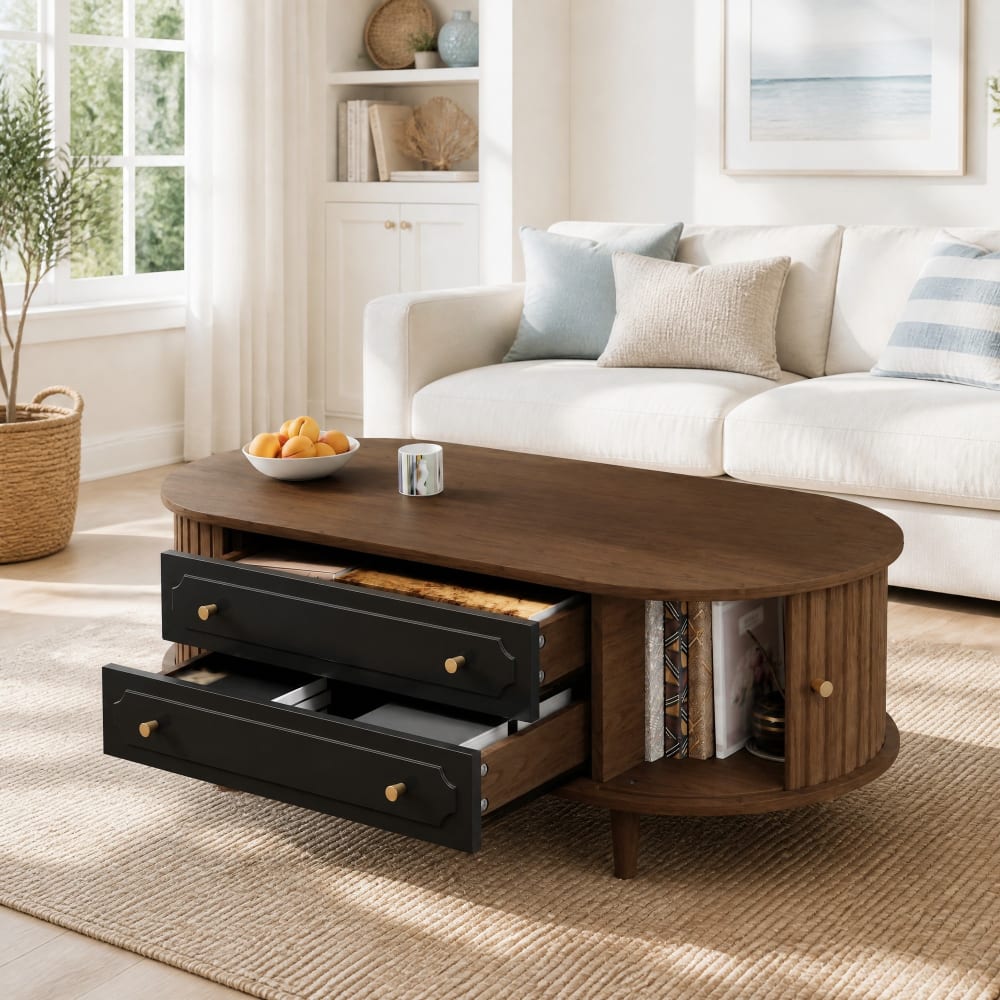 Table basse en panneau de particules couleur noyer avec 2 tiroirs