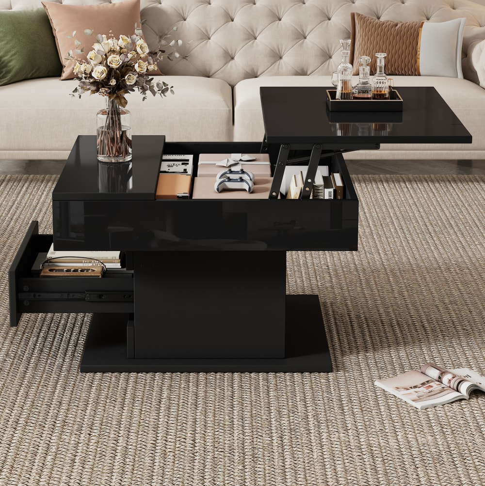 Couchtisch aus Spanplatte schwarz mit Hebefunktion - Maisons Du