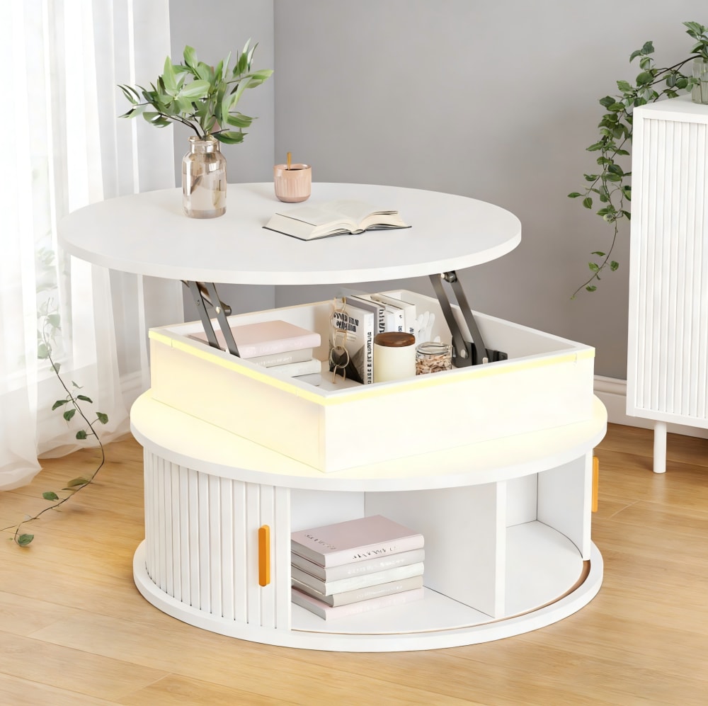 Table basse ronde relevable en panneau de particules blanche avec led