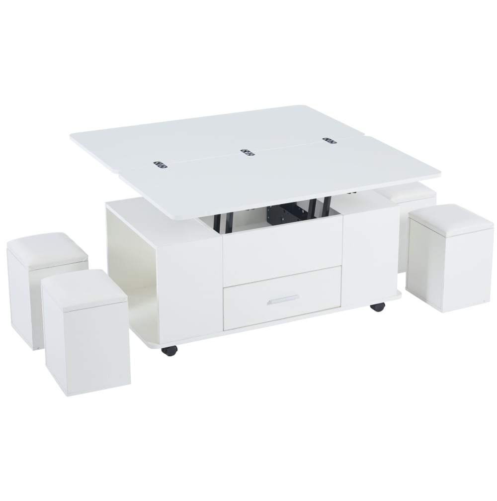 Table basse relevable en panneau de particules blanc avec 4 tabourets