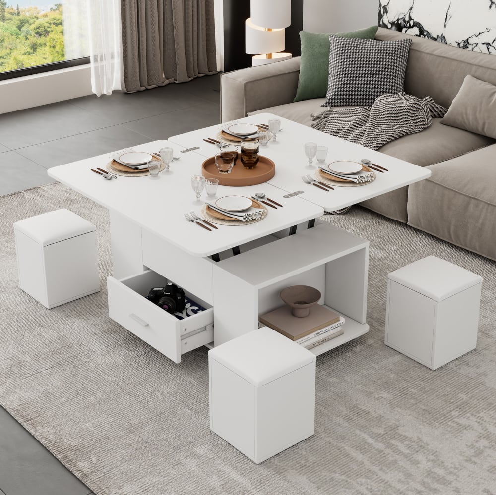 Couchtisch höhenverstellbar aus Spanplatte weiß mit 4 Hockern -