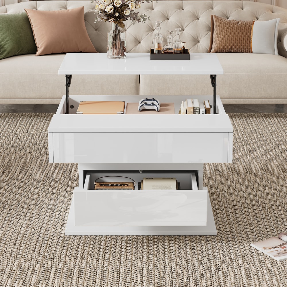 Table basse relevable blanche avec rangement