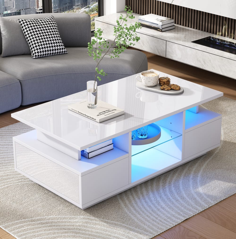Couchtisch aus Spanplatte weiß mit 2 Schubladen - Maisons Du