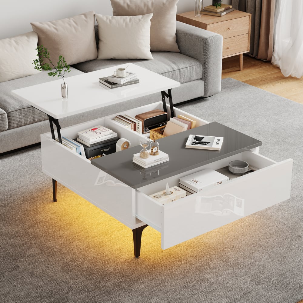 Couchtisch höhenverstellbar weiß und grau mit LED - Maisons Du