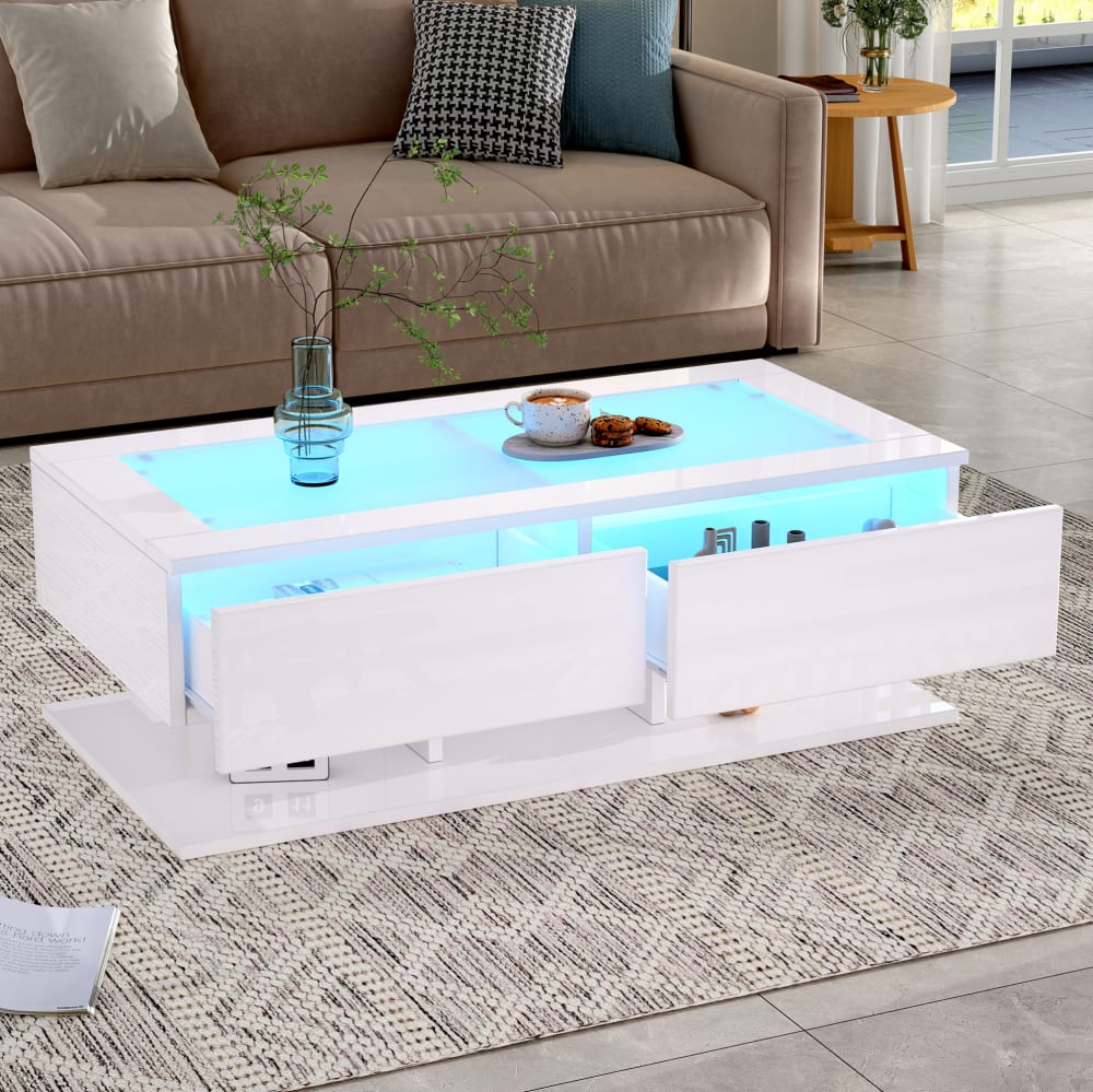 Couchtisch aus Spanplatte weiß mit 2 Schubladen und Glasplatte -