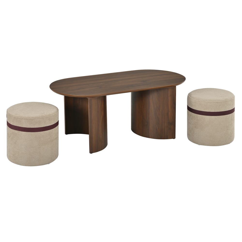 Table basse en panneau de particules et pin couleur noyer avec 2 poufs