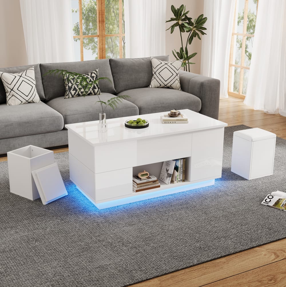 Couchtisch höhenverstellbar mit LED und 2 Hockern weiß - Maisons