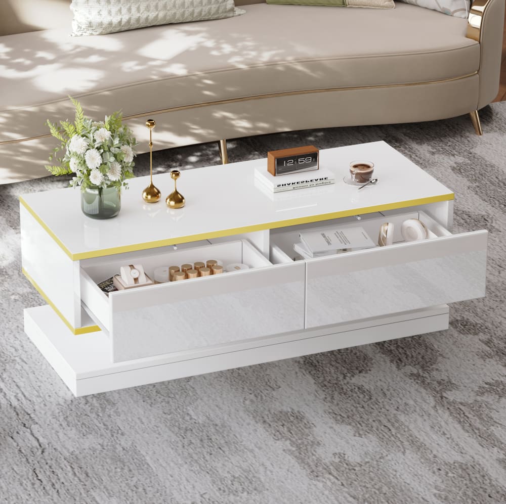 Couchtisch aus Spanplatte weiß mit 2 Schubladen - Maisons Du