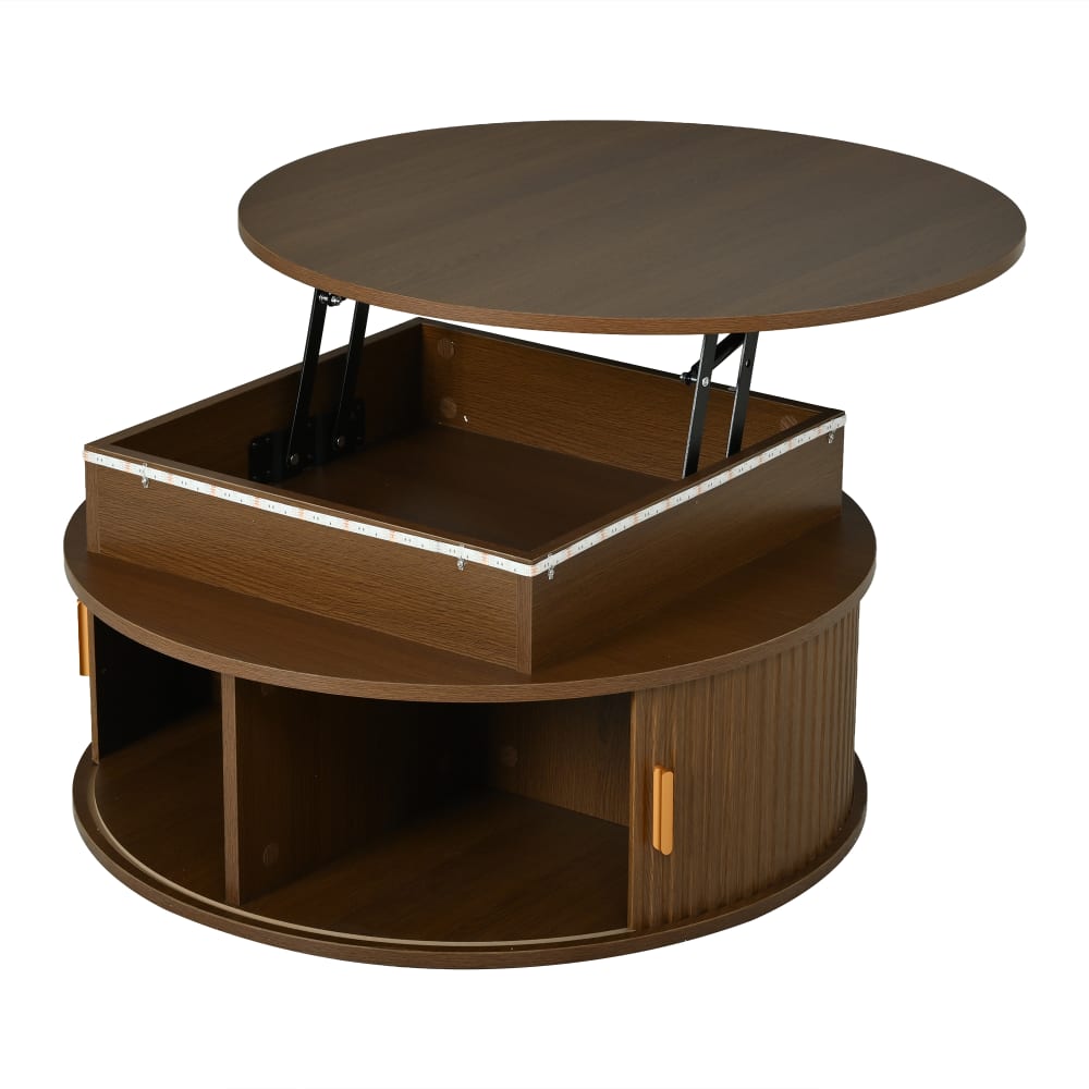 Table basse ronde relevable couleur noyer avec led