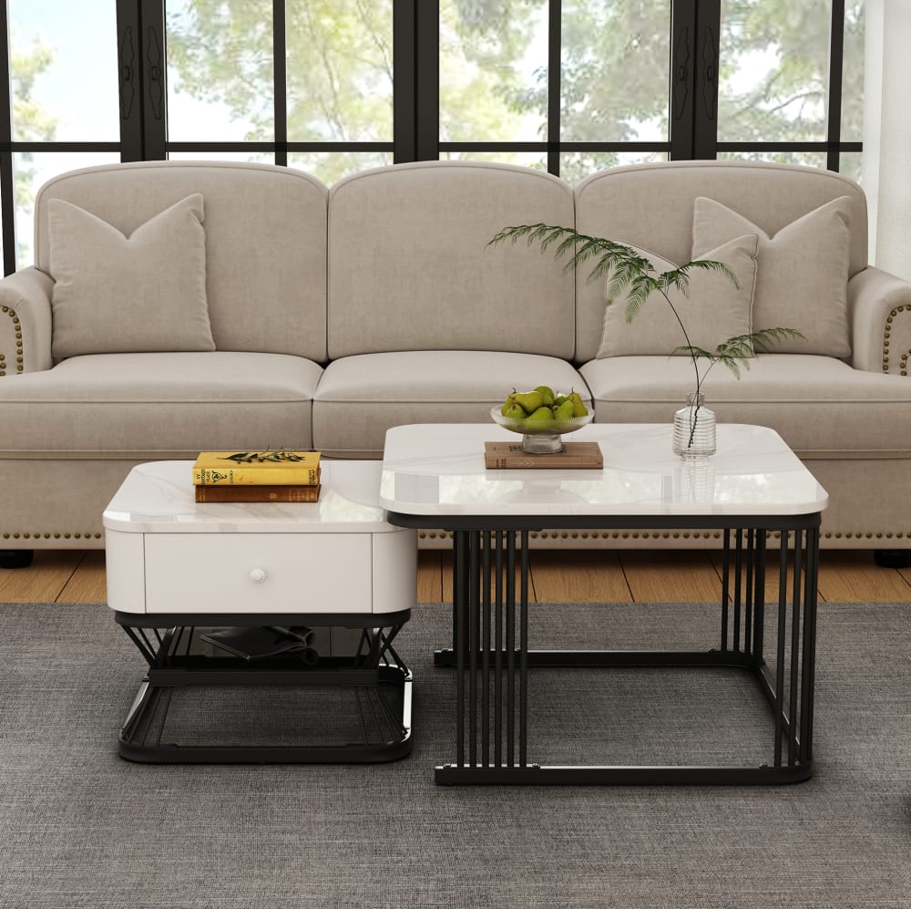 2er-Set Couchtische in Weiß und Schwarz mit Marmoroptik - Maisons