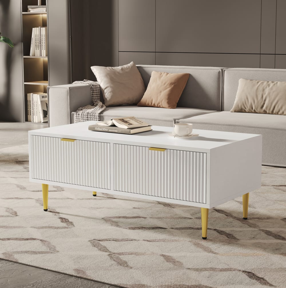Table basse en panneau de fibres de moyenne densité blanche et dorée