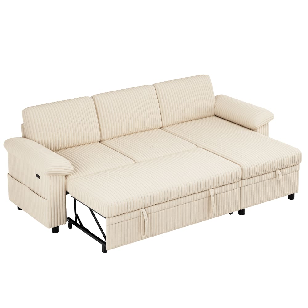 Canapé d'angle convertible en velours polyester côtelé beige