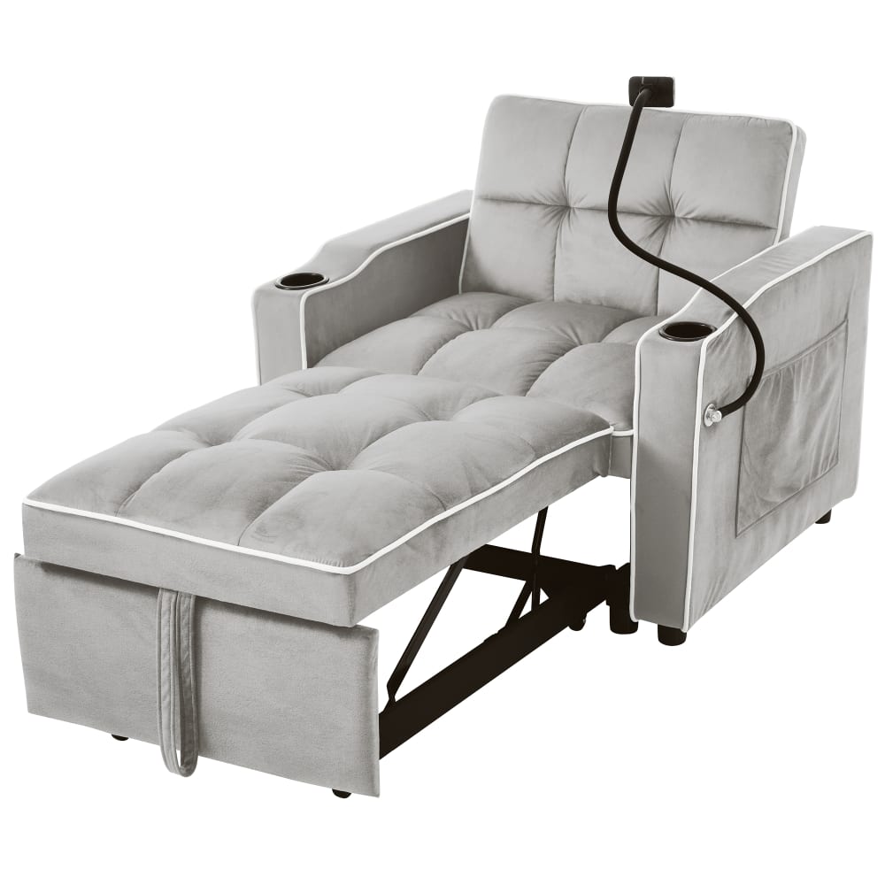 Canapé-lit en velours polyester gris antique et blanc