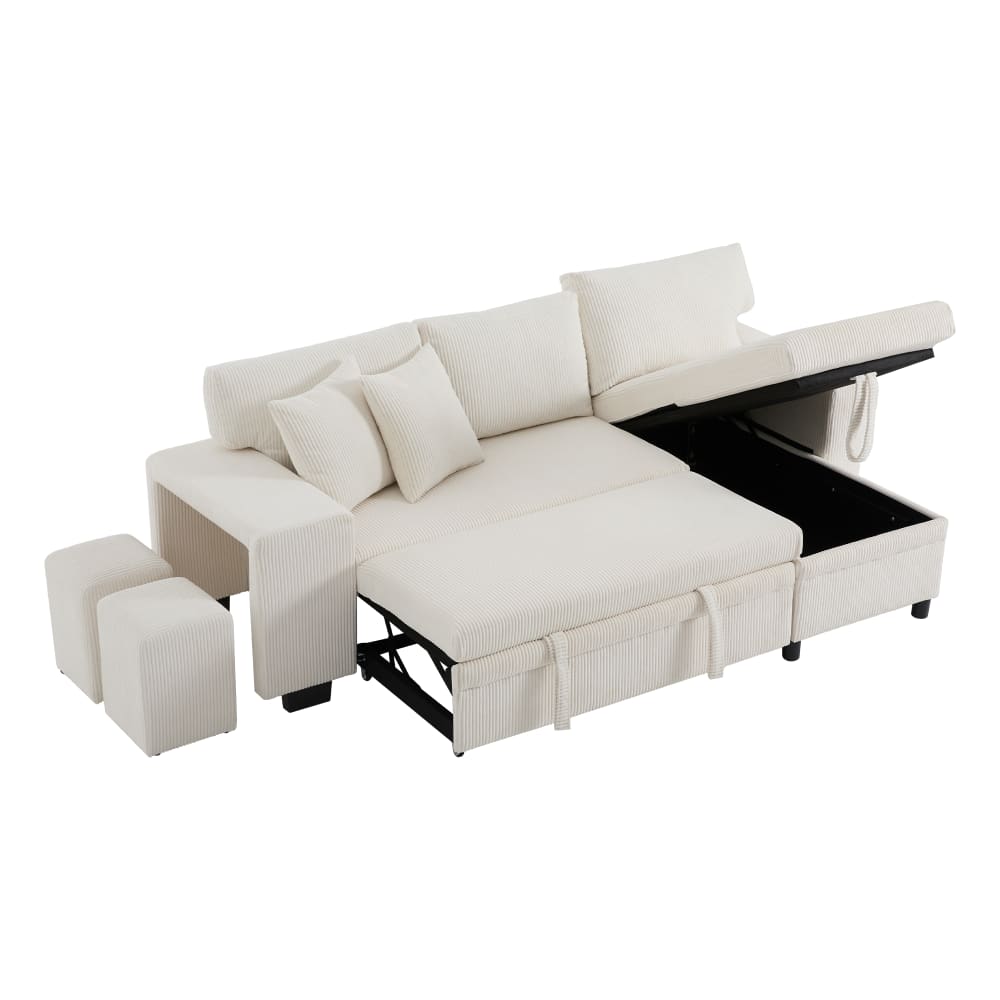 Canapé-lit d'angle en velours polyester côtelé beige