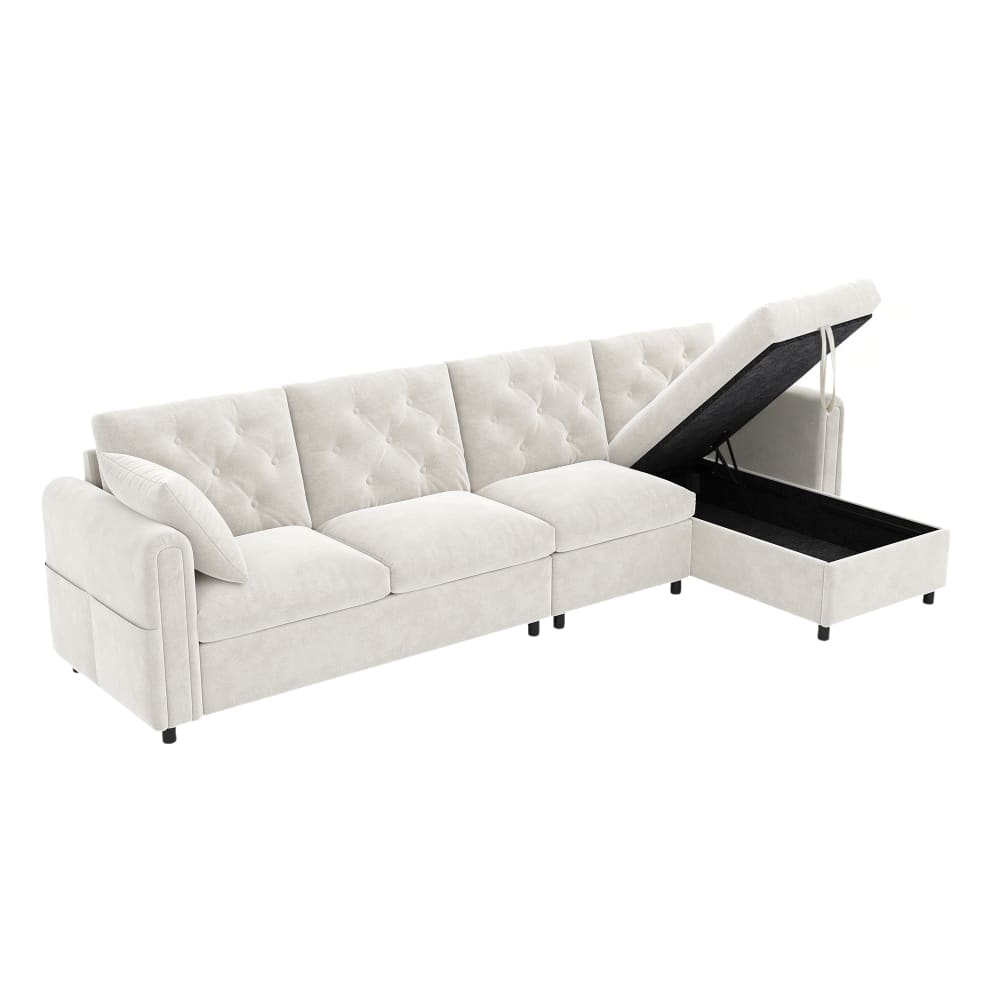 Hauss Spole Ecksofa mit Schlaffunktion und Stauraum aus Samt beige - Pes - Polyester