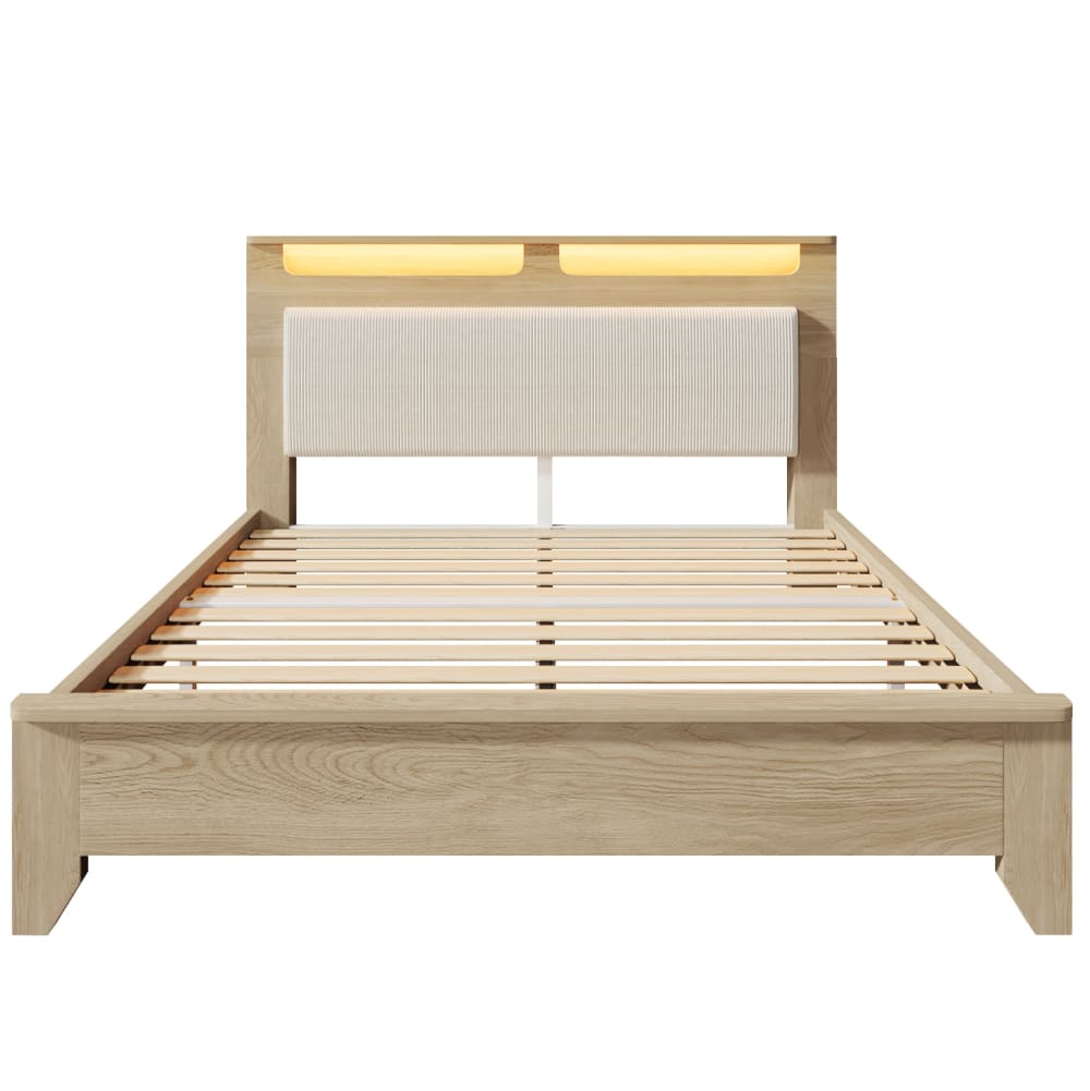 Lit double en velours polyester côtelé beige avec led 140 x 200 cm