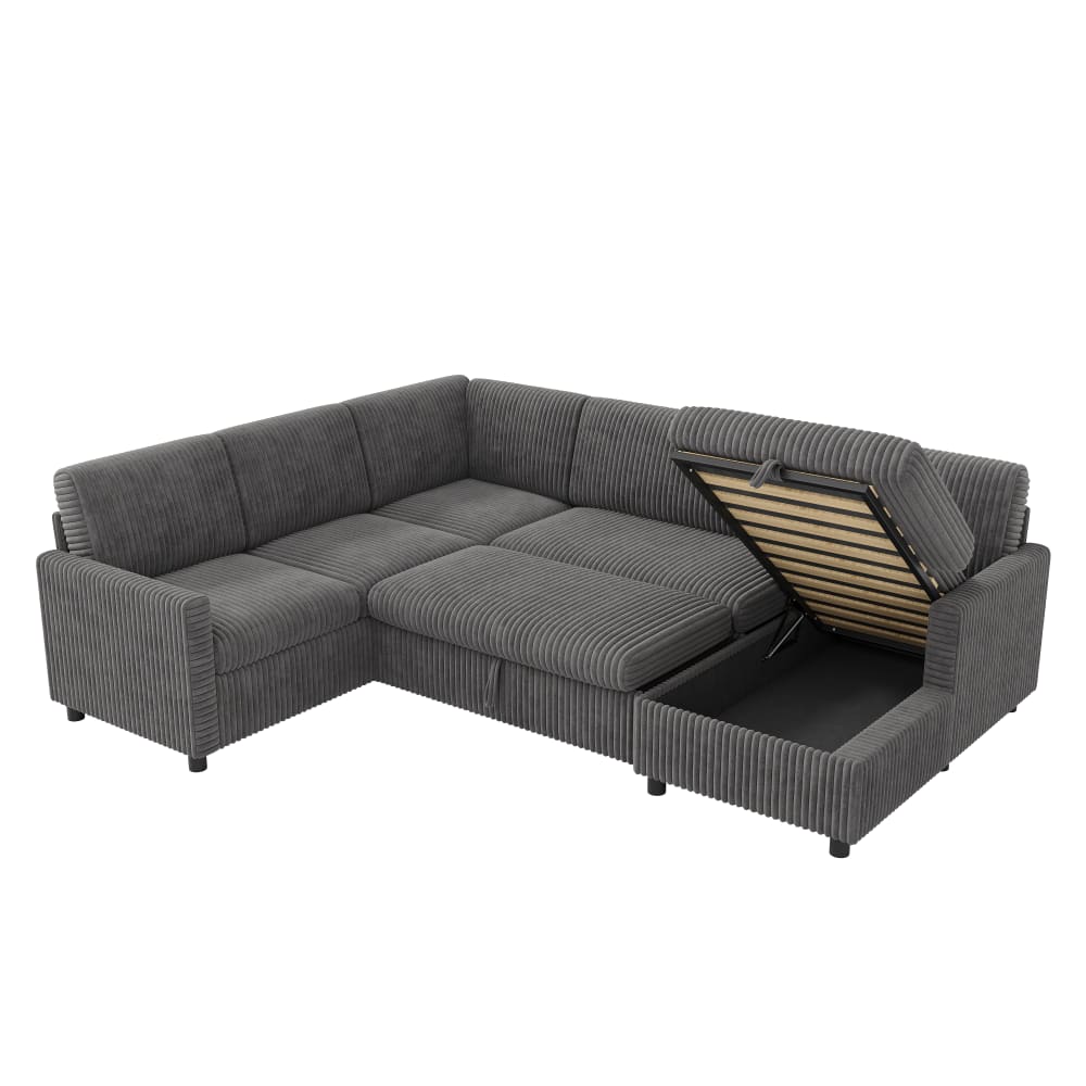 Canapé d'angle u convertible en velours polyester côtelé gris