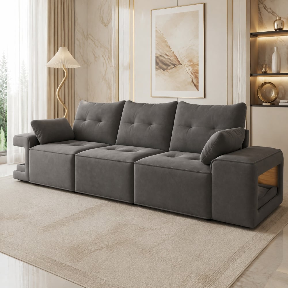 Canapé modulable 3 places en velours polyester gris