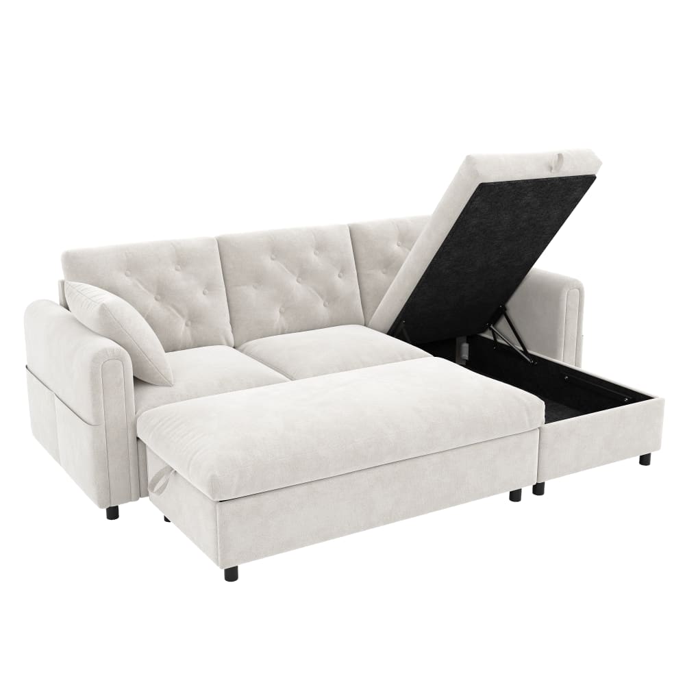 Canapé en velours polyester beige avec chaise longue et ottomane