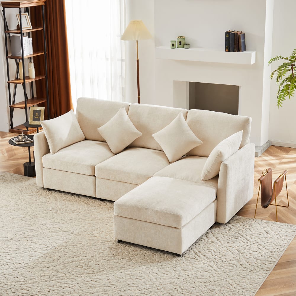 Modulares Sofa aus Chenille beige mit Hocker und 4 Kissen -