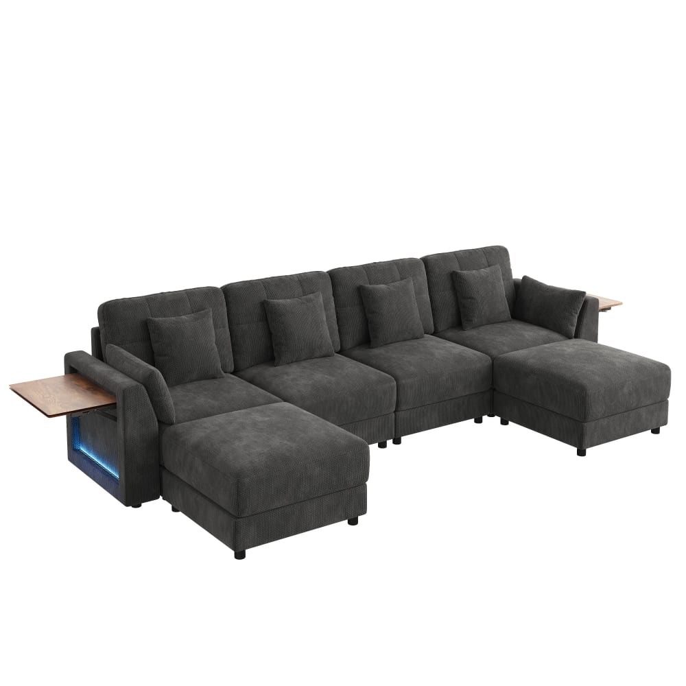 Canapé modulaire en chenille gris avec 2 poufs