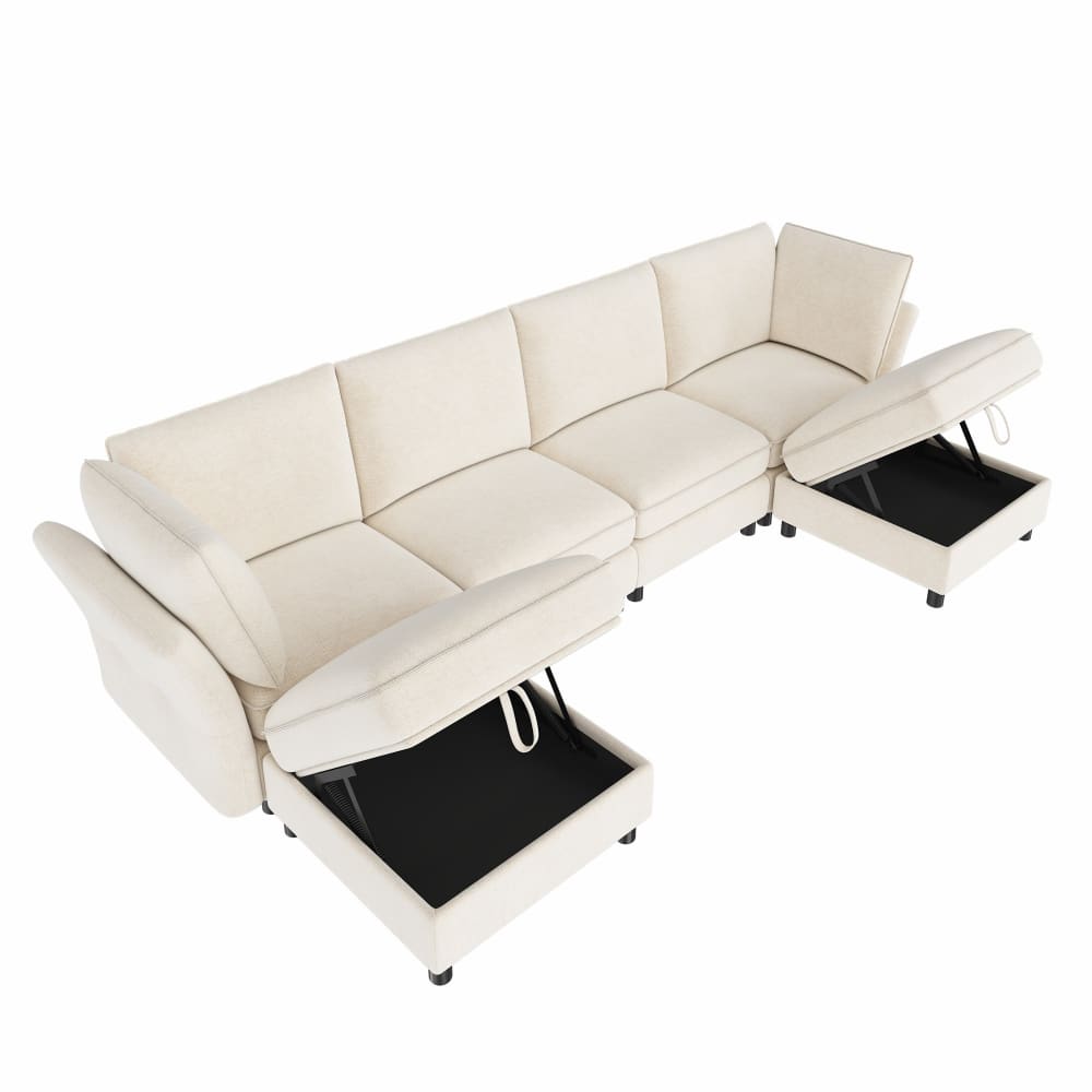 Canapé modulaire en chenille beige avec 2 poufs