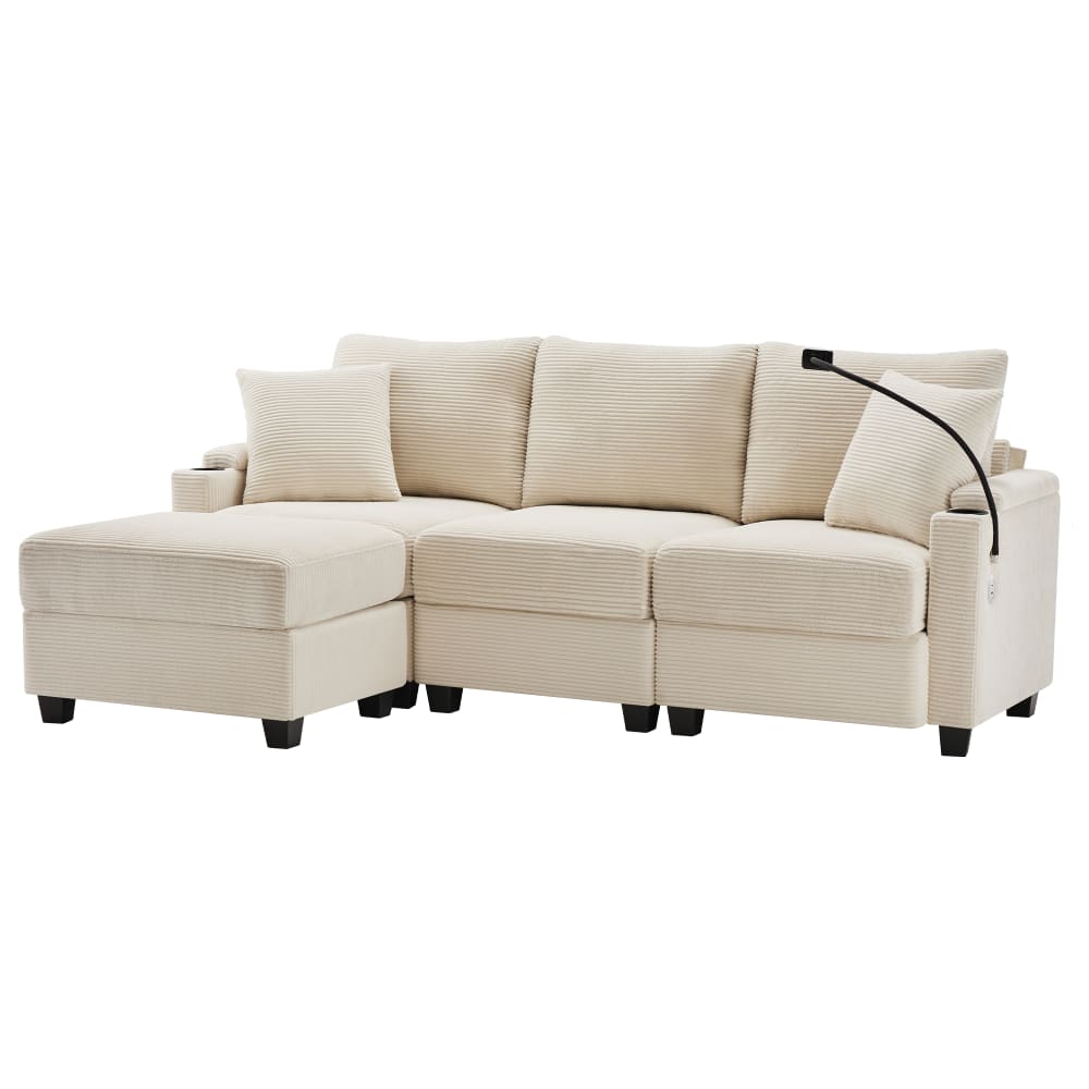 Canapé d’angle en velours polyester côtelé beige avec pouf et usb