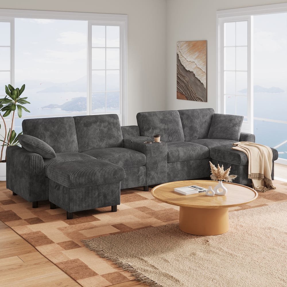 U-Sofa aus Cordstoff grau mit 2 Hockern und Stauraum - Maisons Du