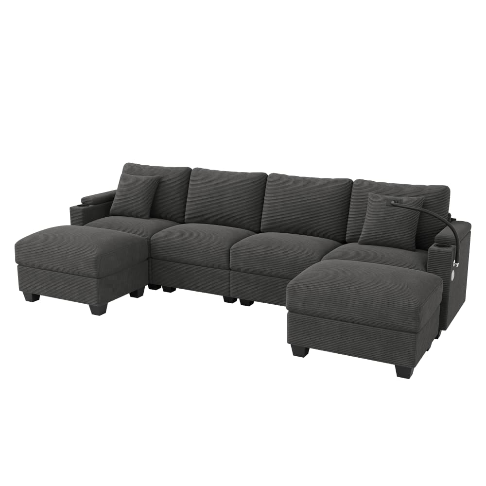 Canapé d'angle modulaire en velours polyester côtelé gris