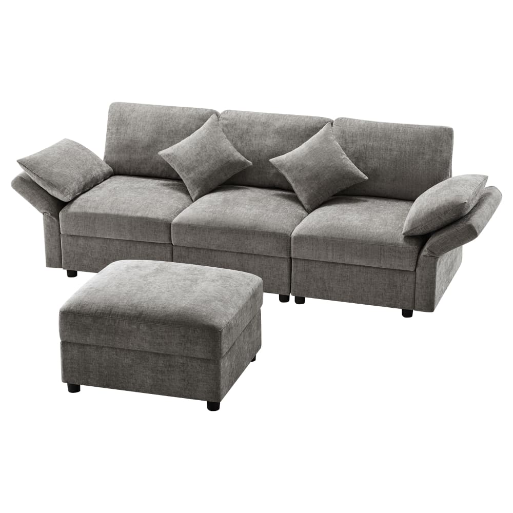 Canapé modulable en chenille gris avec pouf