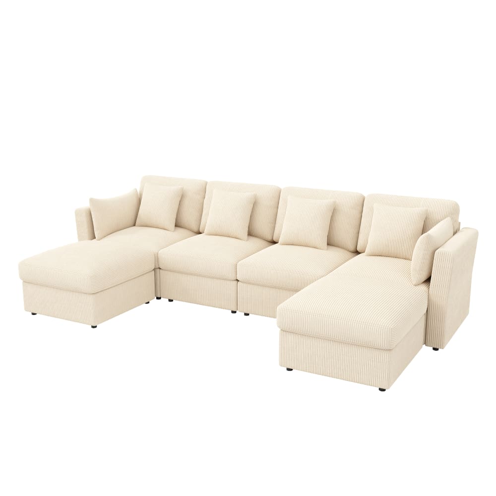 Canapé d'angle modulable en velours polyester côtelé beige