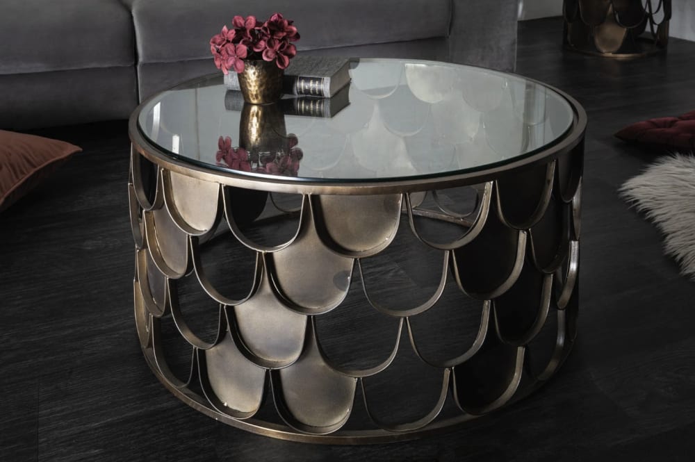 Table basse ronde en fer marron et verre transparent d60cm