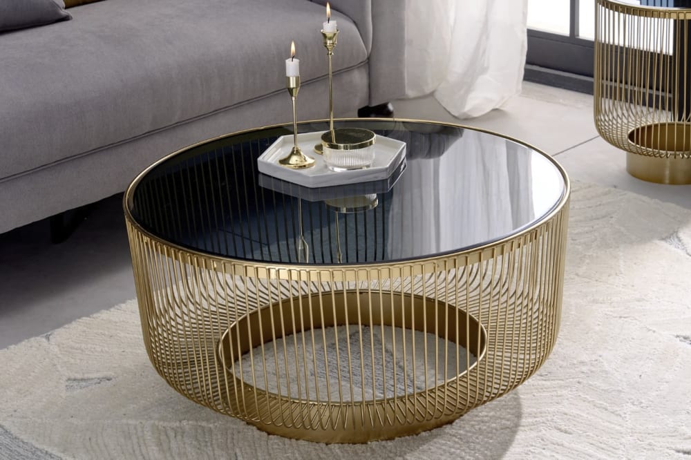 Table basse en aluminium doré et plateau en verre teinté d80cm