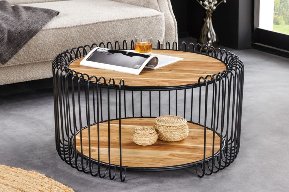 Table basse ronde en acacia et structure en fer noir 73x41x73cm